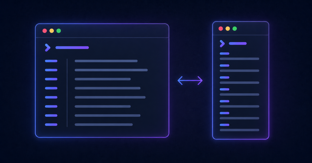 The same CLI help reflowing from a wide terminal to a narrow terminal.
